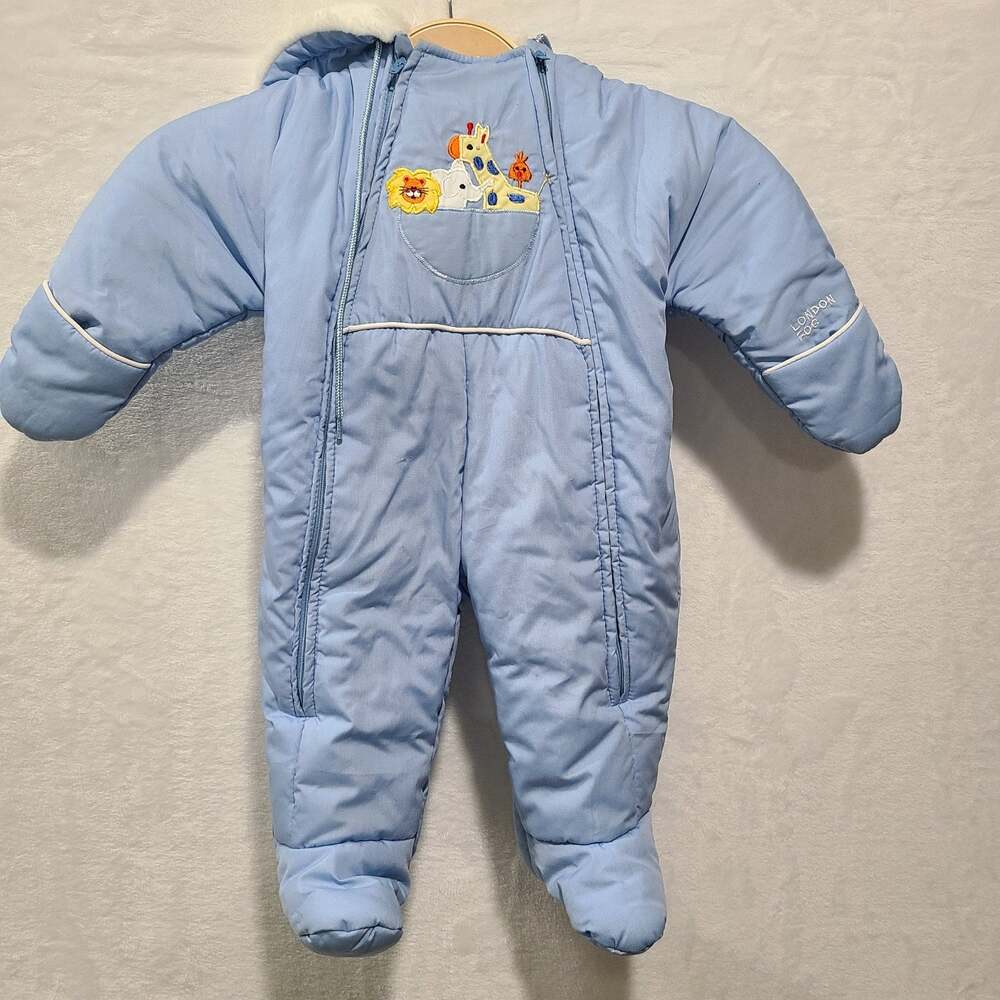 Vintage London Fog Baby Bunting Snowsuit 9 Months Blue Safari Animal VGUC